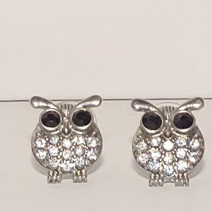 Silver-tone with rhinestones OWL earrings for pierced ears
